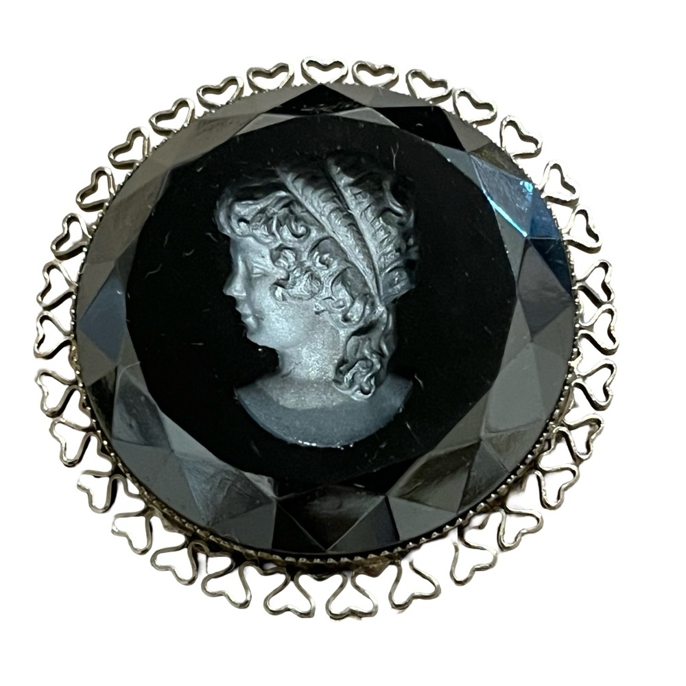 Vintage Black Glass Cameo Brooch – Victorian Revival Intaglio Style Pin Cameo